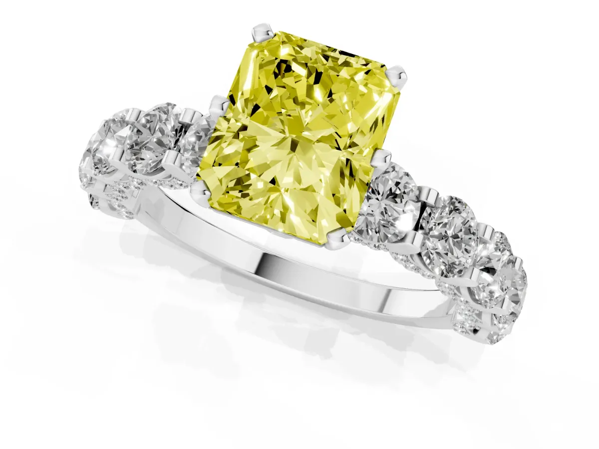 Fancy Yellow Radiant Cut Diamond Side Stone Engagement Ring with Four-Prong Setting Silver