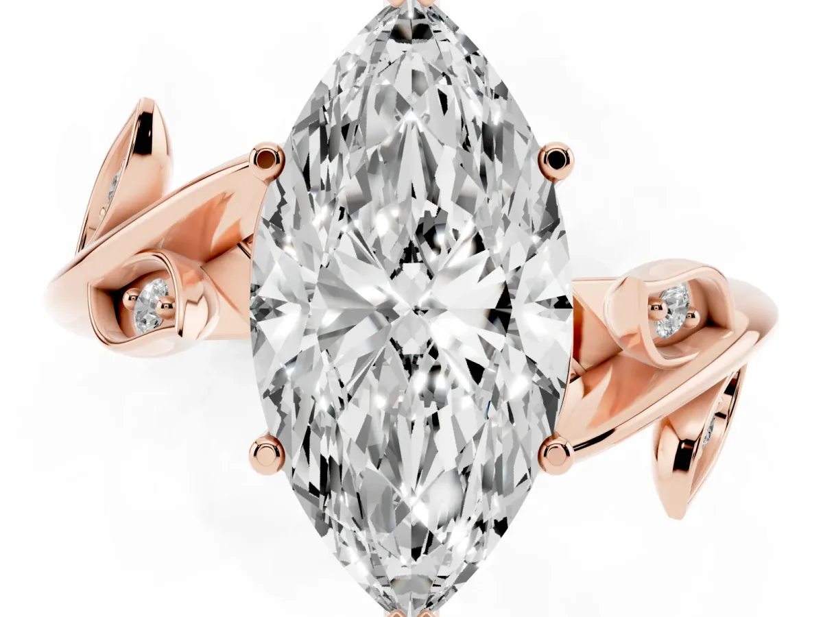Marquise Cut Solitaire Twist Engagement Ring with Leaf Accents and Prong Setting Rose gold