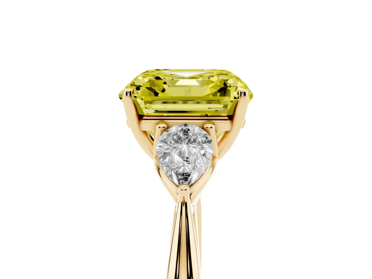 Fancy Yellow Three-Stone Asscher Cut Brilliant Diamond Solitaire Ring with Tapered Band and Four-Prong Setting Yellow gold