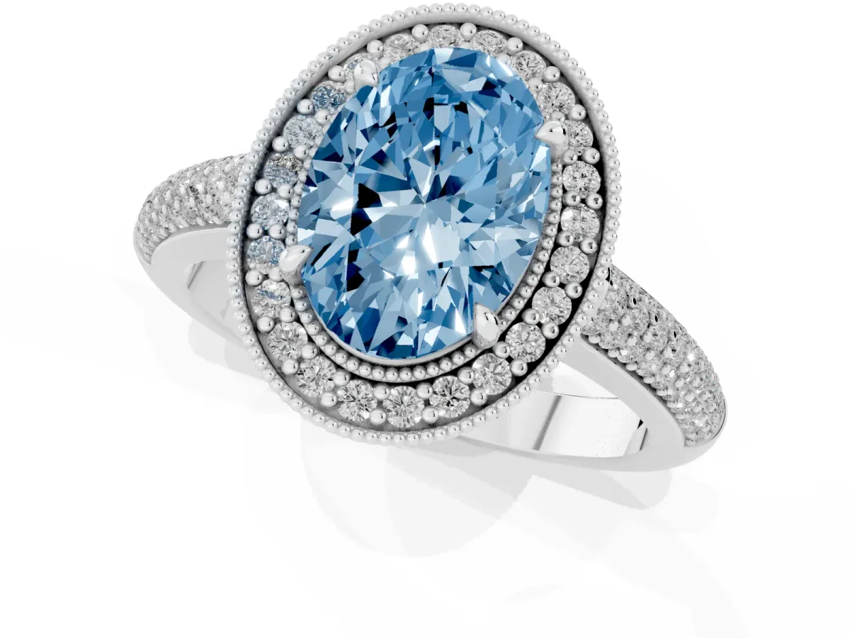 Fancy Blue Oval Cut Cut Halo Diamond Pave Band with Four-Prong Setting Platinum