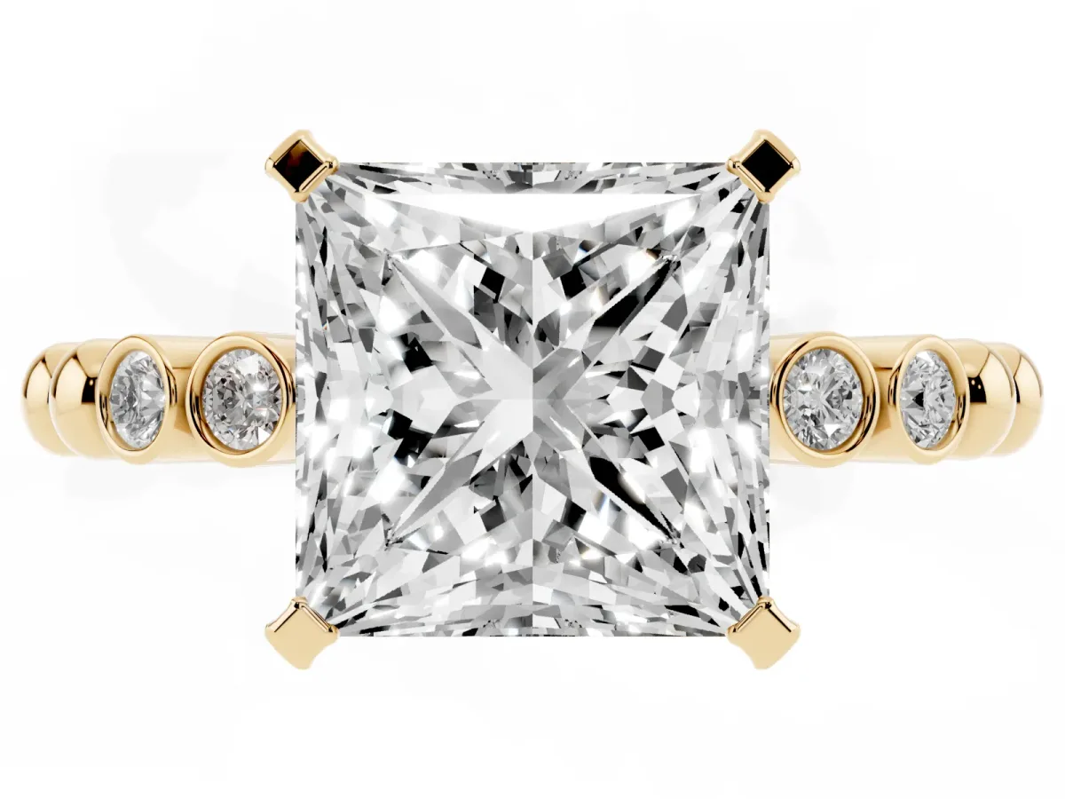 Princess Cut Solitaire Bezel Accent Diamond Engagement Ring with Beaded Band and Four-Prong Setting Yellow gold