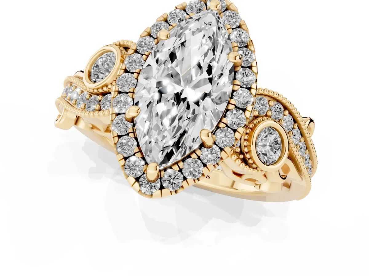 Marquise Cut Diamond Halo Ring with Milgrain Pavé Band and Four-Prong Setting Yellow gold