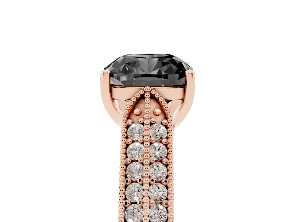 Fancy Black Cushion Cut Cut Pave Split Shank Engagement Ring with Four-Prong Setting Rose gold
