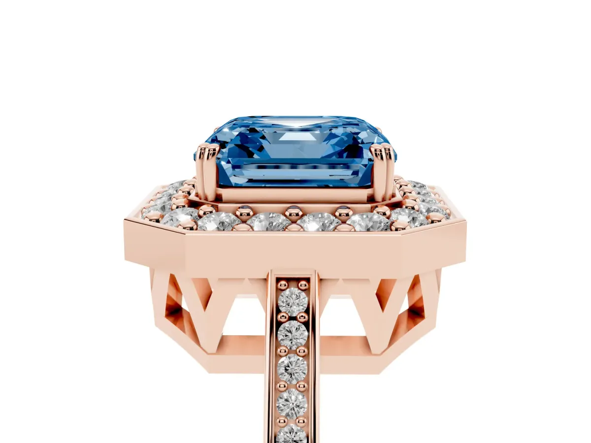 Fancy Blue Asscher Cut Diamond Halo Ring with Split Shank and Four-Prong Setting Rose gold
