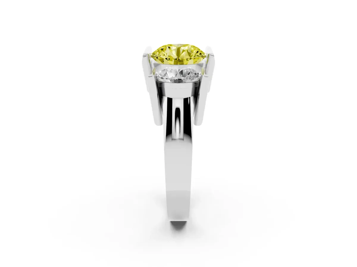 Fancy Yellow Three Stone Round Cut Cut Channel Set Diamond Ring Platinum