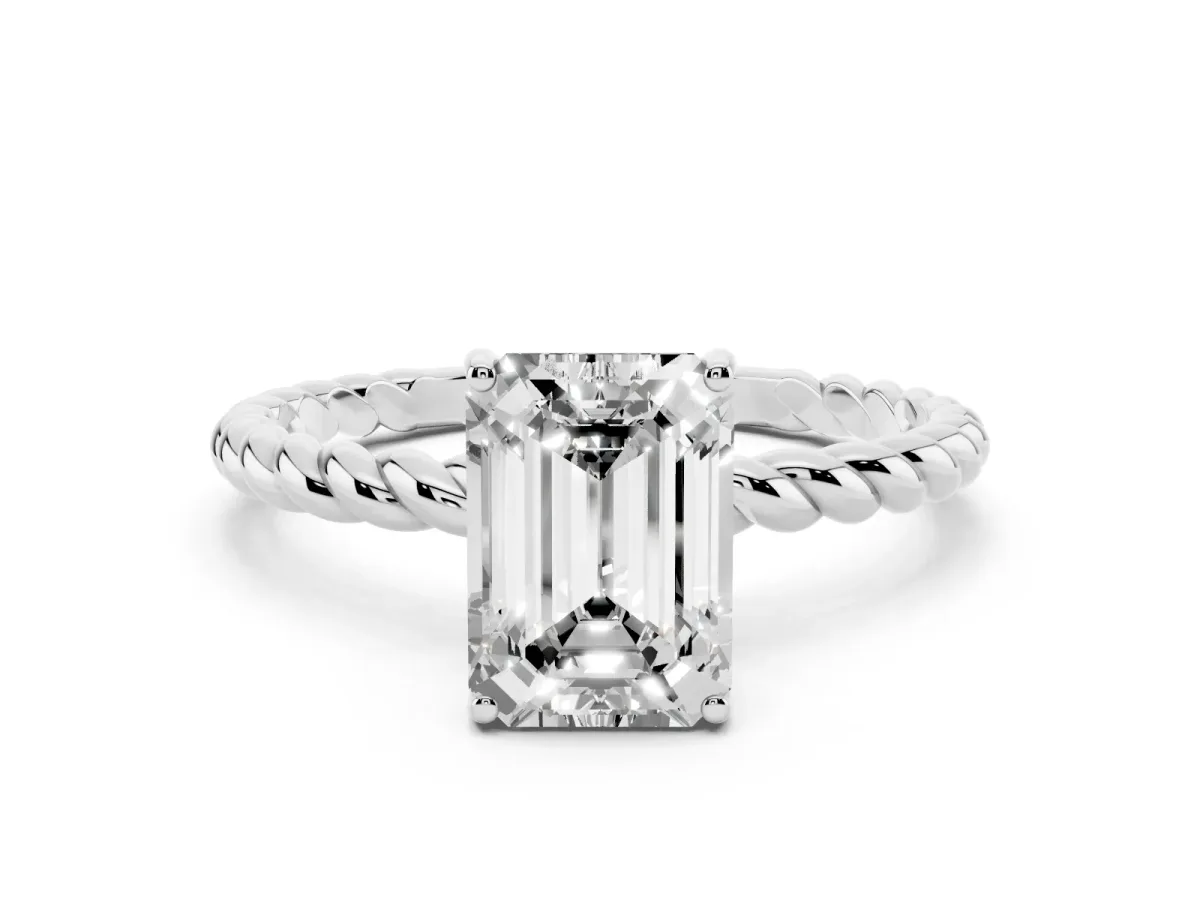 Emerald Cut Solitaire Twisted Band 4-Prong Ring Silver