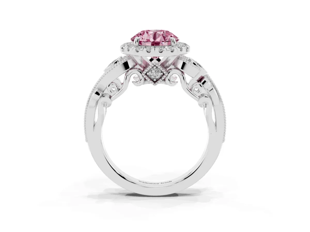 Fancy Pink Round Cut Diamond Halo Ring with Milgrain Pavé Band and Four-Prong Setting Silver