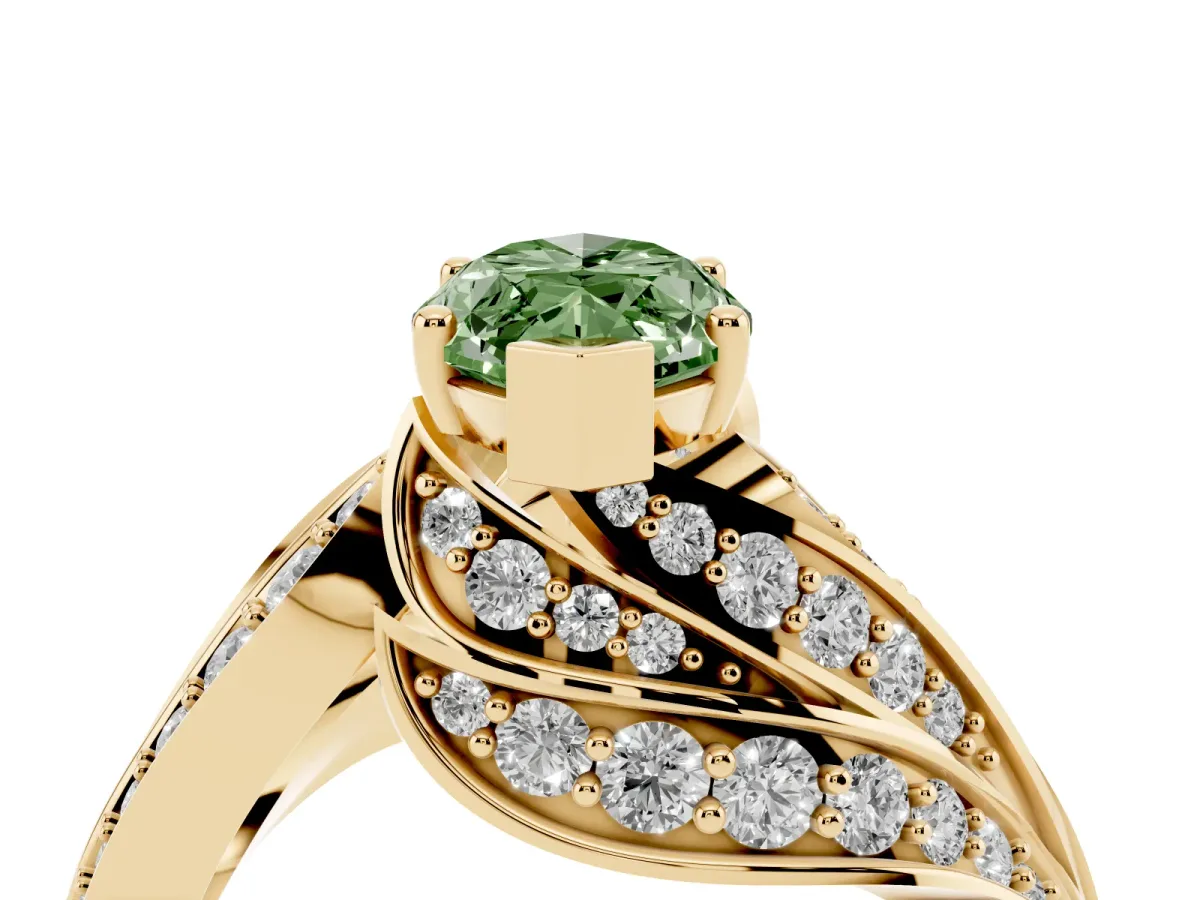 Fancy Green Marquise Cut Diamond Solitaire Ring with Prong Setting and Twisted Pavé Band Yellow gold