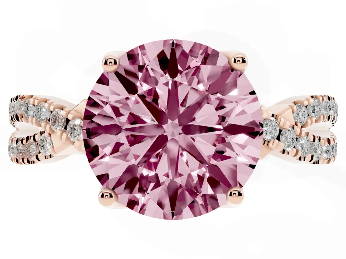 Fancy Pink Round Cut Solitaire Twist Pave Diamond Engagement Ring with Prong Setting Rose gold