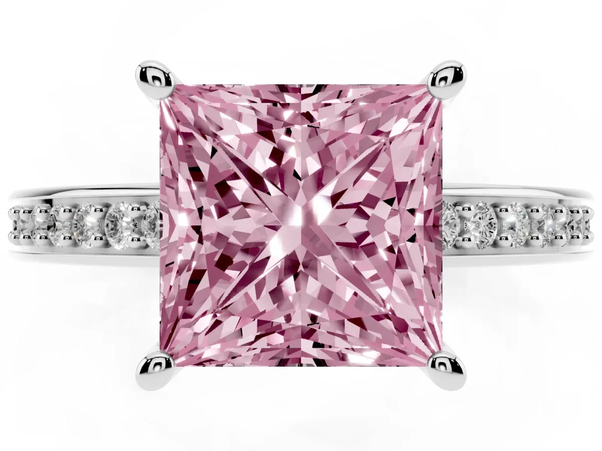 Fancy Pink Princess Cut Solitaire Pavé Band Prong Setting Ring Silver
