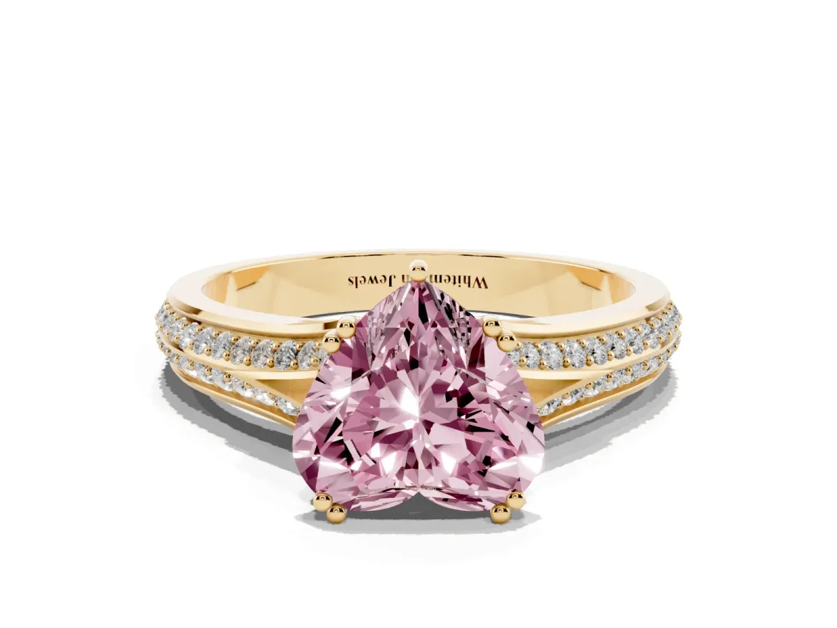 Fancy Pink Heart Cut Diamond Split Shank Engagement Ring with Pavé Band Yellow gold