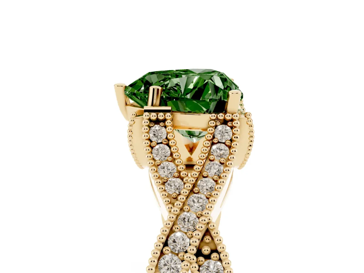 Fancy Green Heart Cut Cut Diamond Twisted Band with Milgrain Pave Setting and Four-Prong Setting Yellow gold