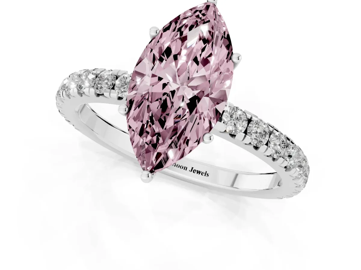 Fancy Pink Marquise Cut Diamond Pavé Solitaire Engagement Ring with Four-Prong Setting Silver