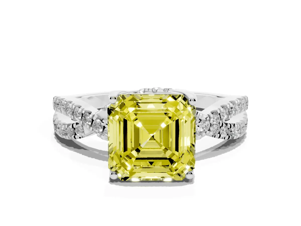Fancy Yellow Asscher Cut Solitaire Twist Pave Diamond Engagement Ring with Prong Setting Silver