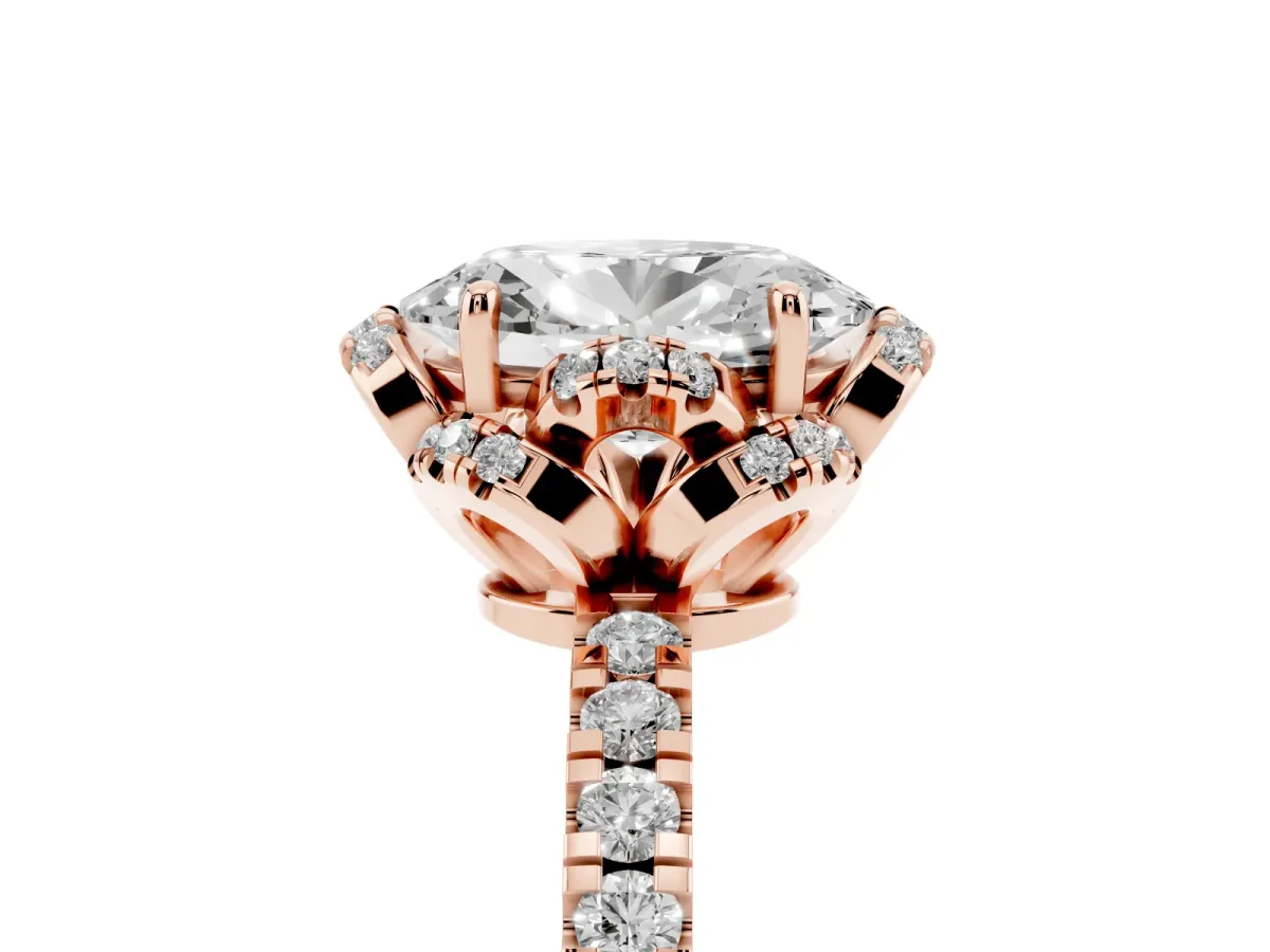 Oval Cut Diamond Halo Pave Band with Four-Prong Setting Rose gold