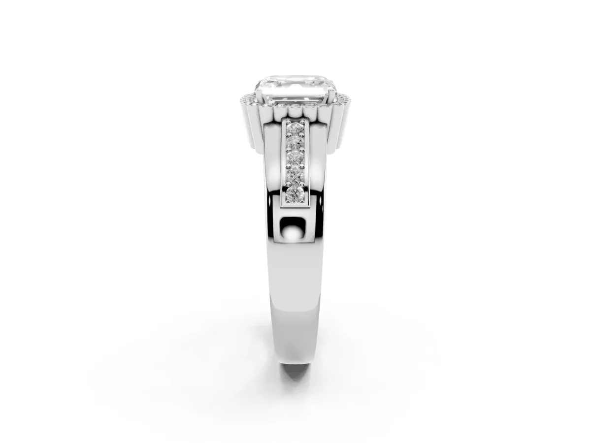 Asscher Cut Cut Halo Pave Band Four-Prong Ring Silver