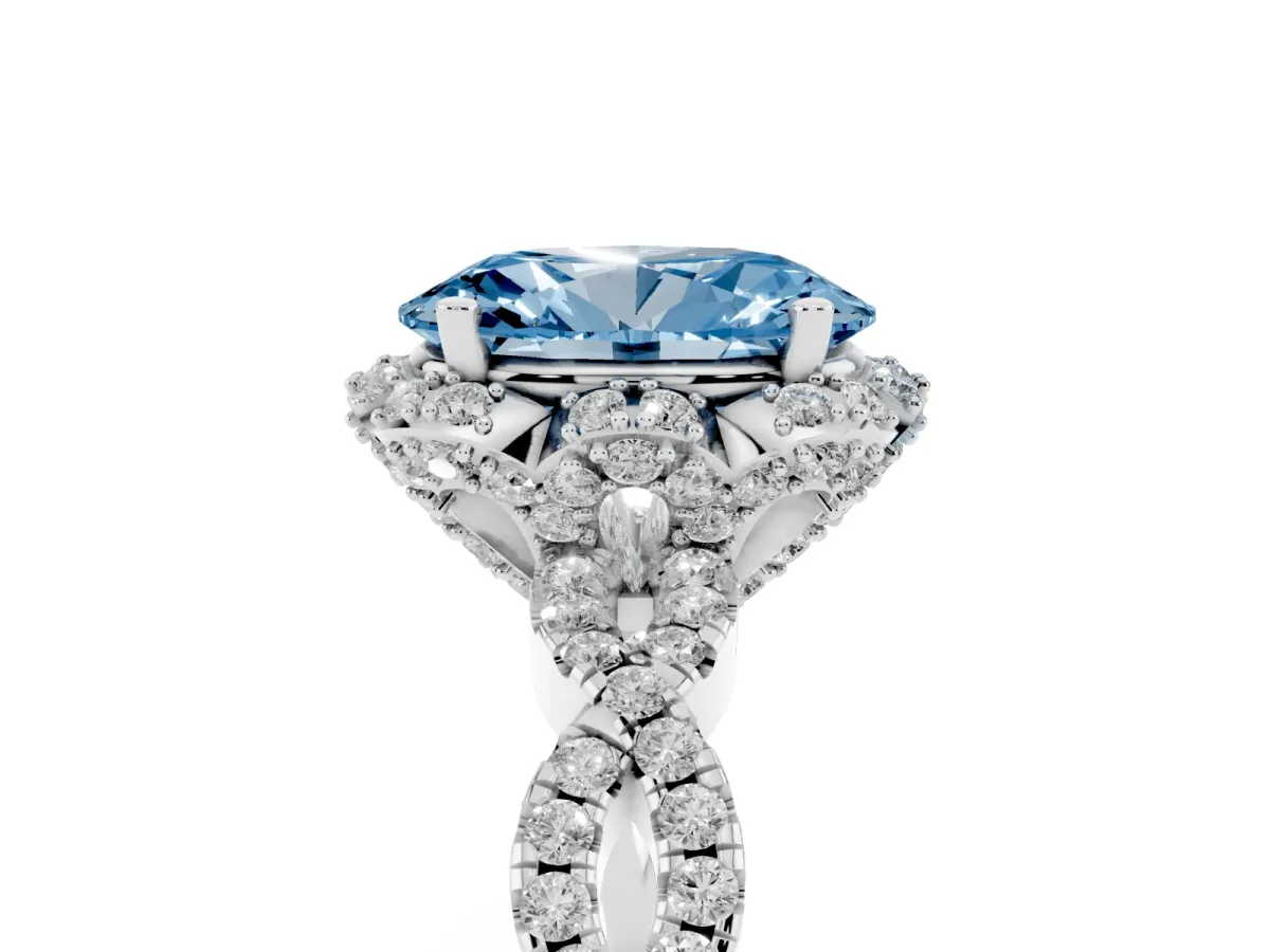 Fancy Blue Oval Cut Halo Twist Band Solitaire Ring with Six-Prong Setting Silver
