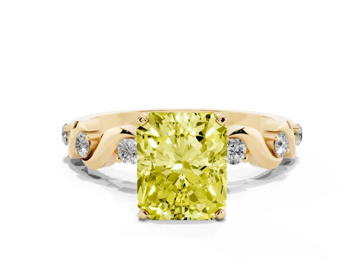 Fancy Yellow Radiant Cut Diamond Solitaire Twisted Band with Round Accents and Prong Setting Yellow gold