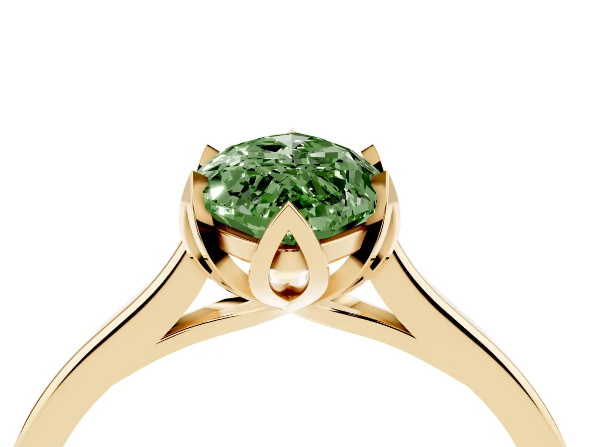 Fancy Green Marquise Cut Diamond Solitaire Ring with Flower Prong Setting and Classic Band Yellow gold