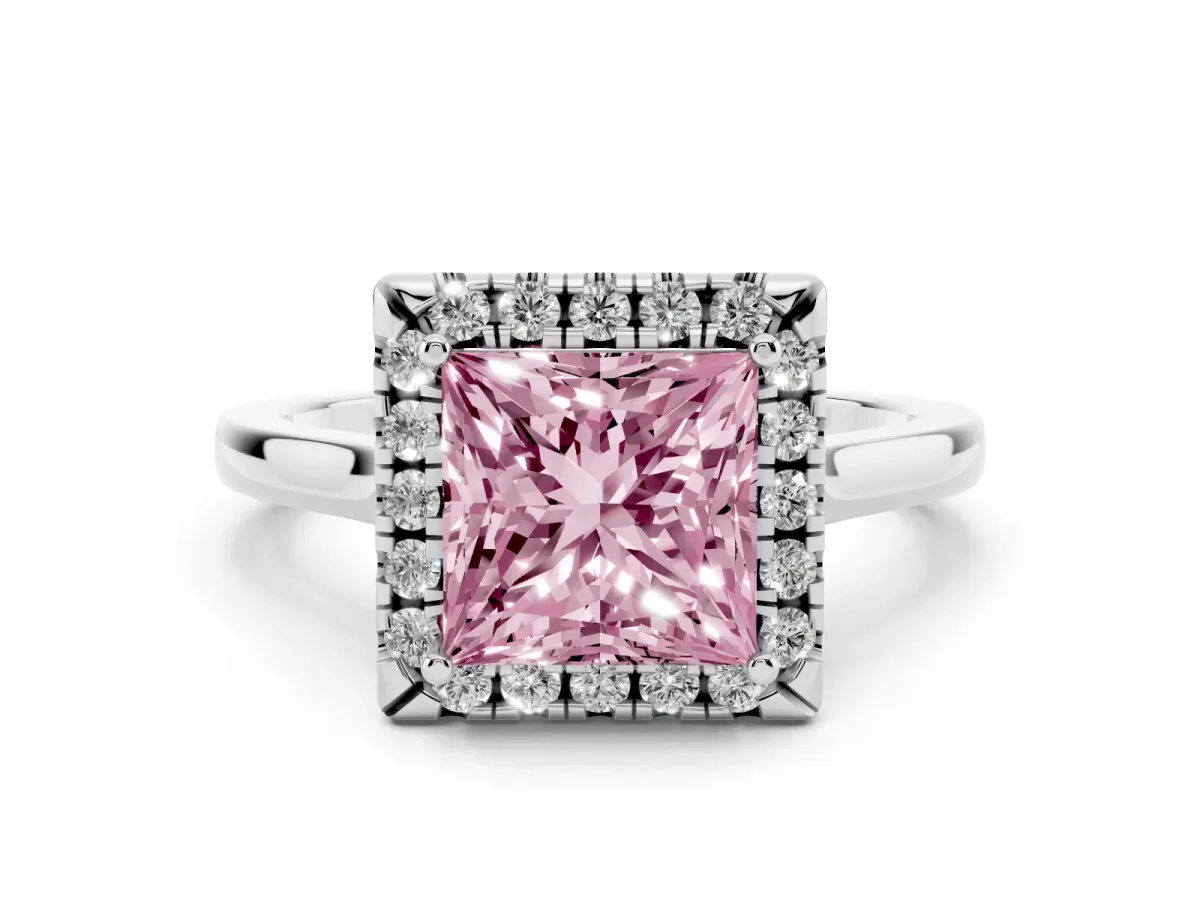 Fancy Pink Princess Cut Halo Round Diamond Solitaire Ring with Pavé Band and Four-Prong Setting Silver