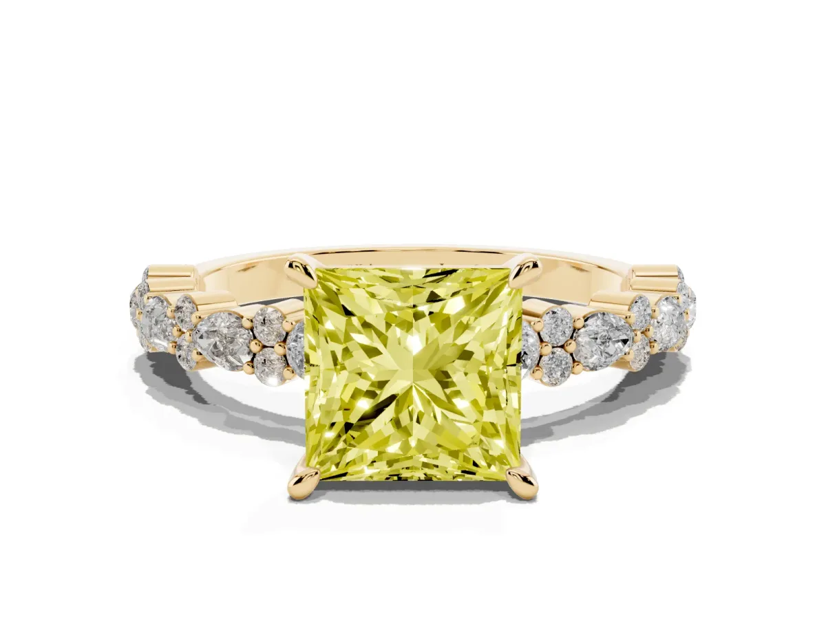 Fancy Yellow Princess Cut Diamond Side Stone Solitaire Ring with Round and Four-Prong Setting Yellow gold