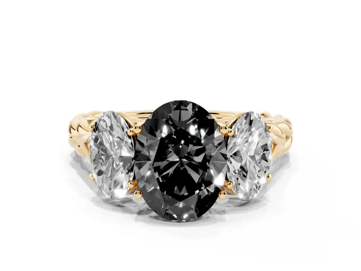 Fancy Black Three-Stone Oval Cut Diamond Braided Band Ring with Four-Prong Setting Yellow gold