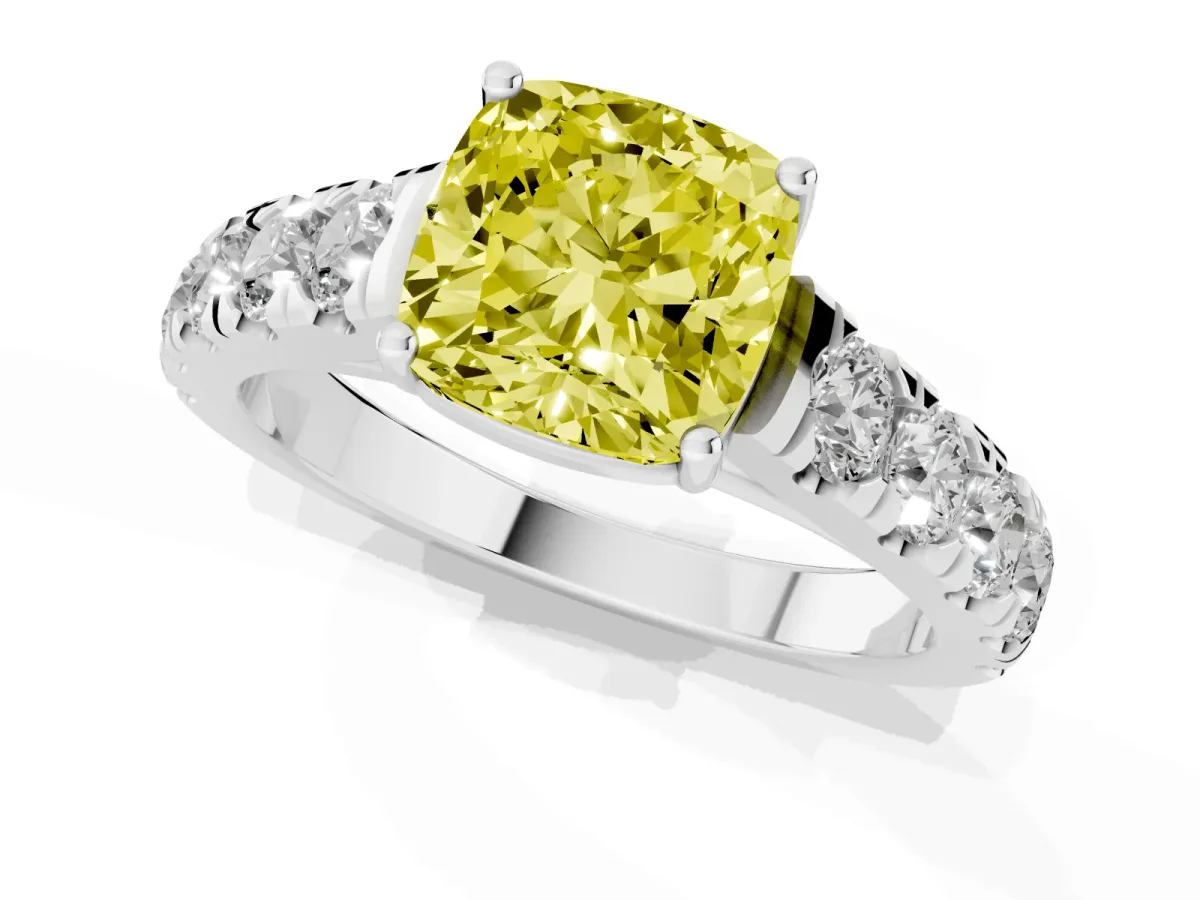 Fancy Yellow Cushion Cut Cut Diamond Solitaire Ring with Micro Pave Band and Prong Setting Silver