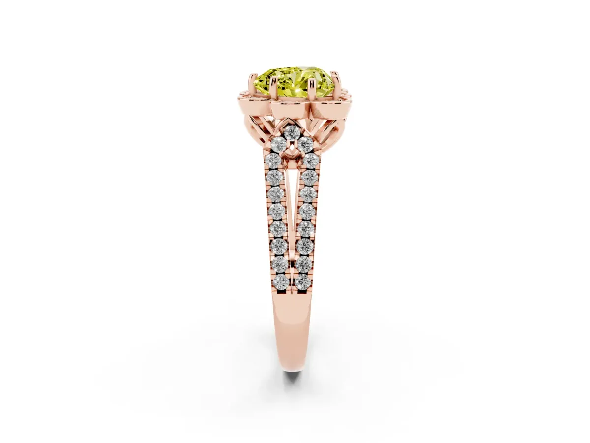 Fancy Yellow Heart Cut Halo Diamond Floral Split Shank Engagement Ring Rose gold