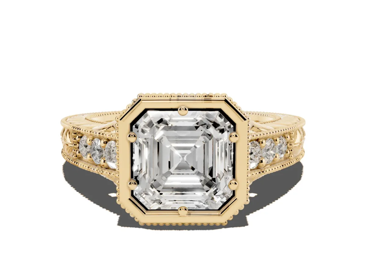 Bezel Set Asscher Cut Diamond Milgrain Pave Engagement Ring Yellow gold
