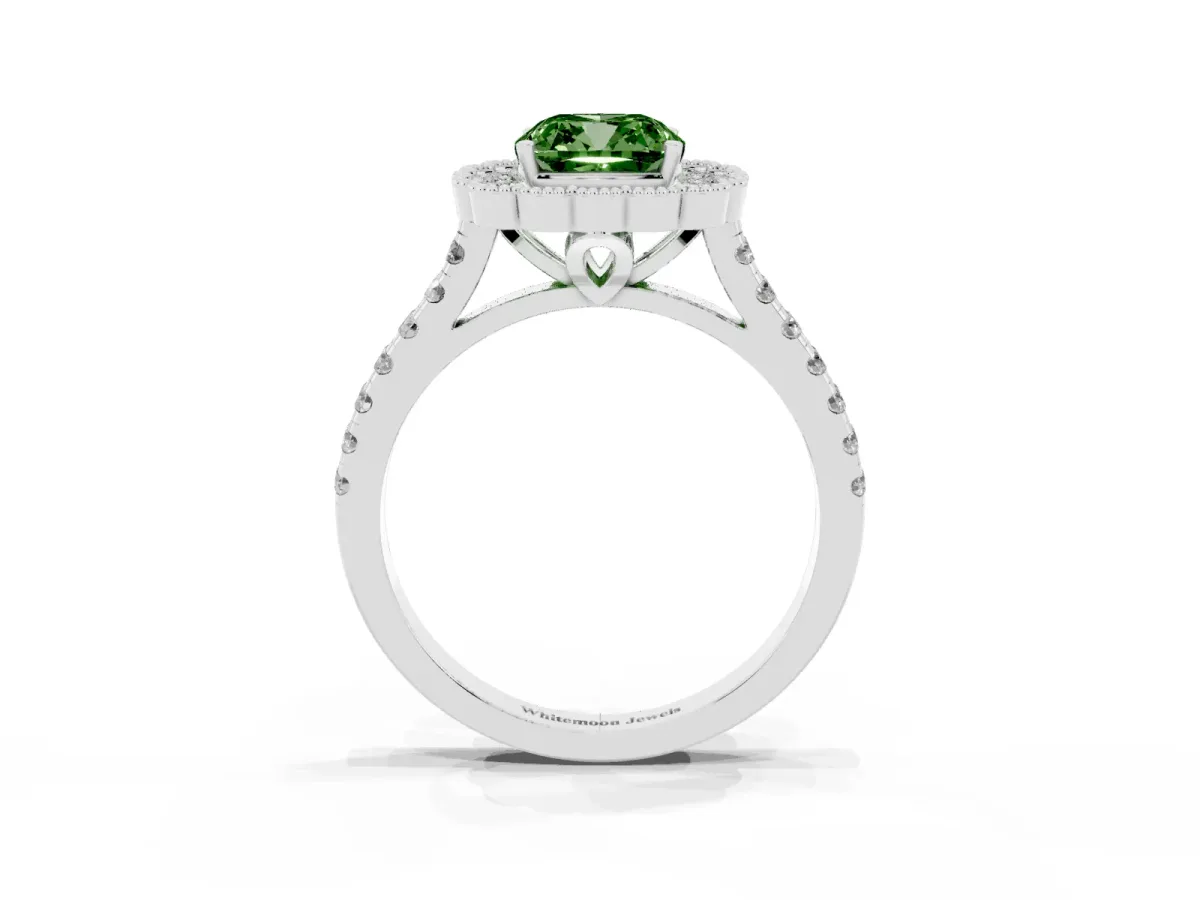 Fancy Green Cushion Cut Cut Diamond Milgrain Floral Halo Engagement Ring with Pavé Band Silver