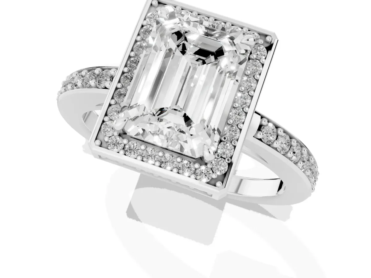 Emerald Cut Halo Pave Band Solitaire Ring with Prong Setting Silver