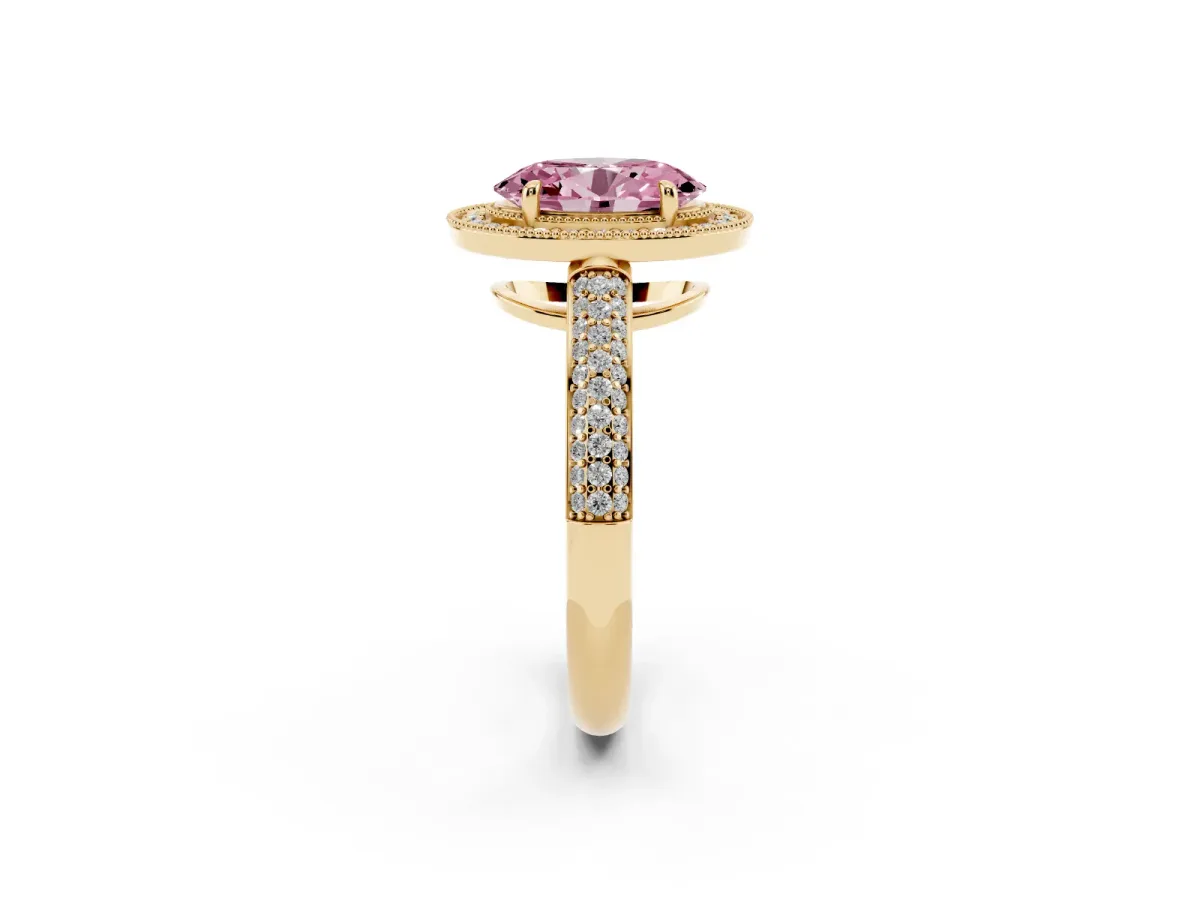 Fancy Pink Oval Cut Cut Halo Diamond Pave Band with Four-Prong Setting Yellow gold