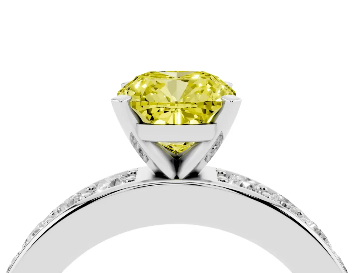 Fancy Yellow Cushion Cut Diamond Engagement Ring with Channel Set Round Band and Prong Setting Silver