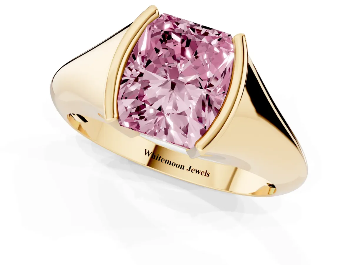 Fancy Pink Radiant Cut Solitaire Tension Set Diamond Ring Yellow gold