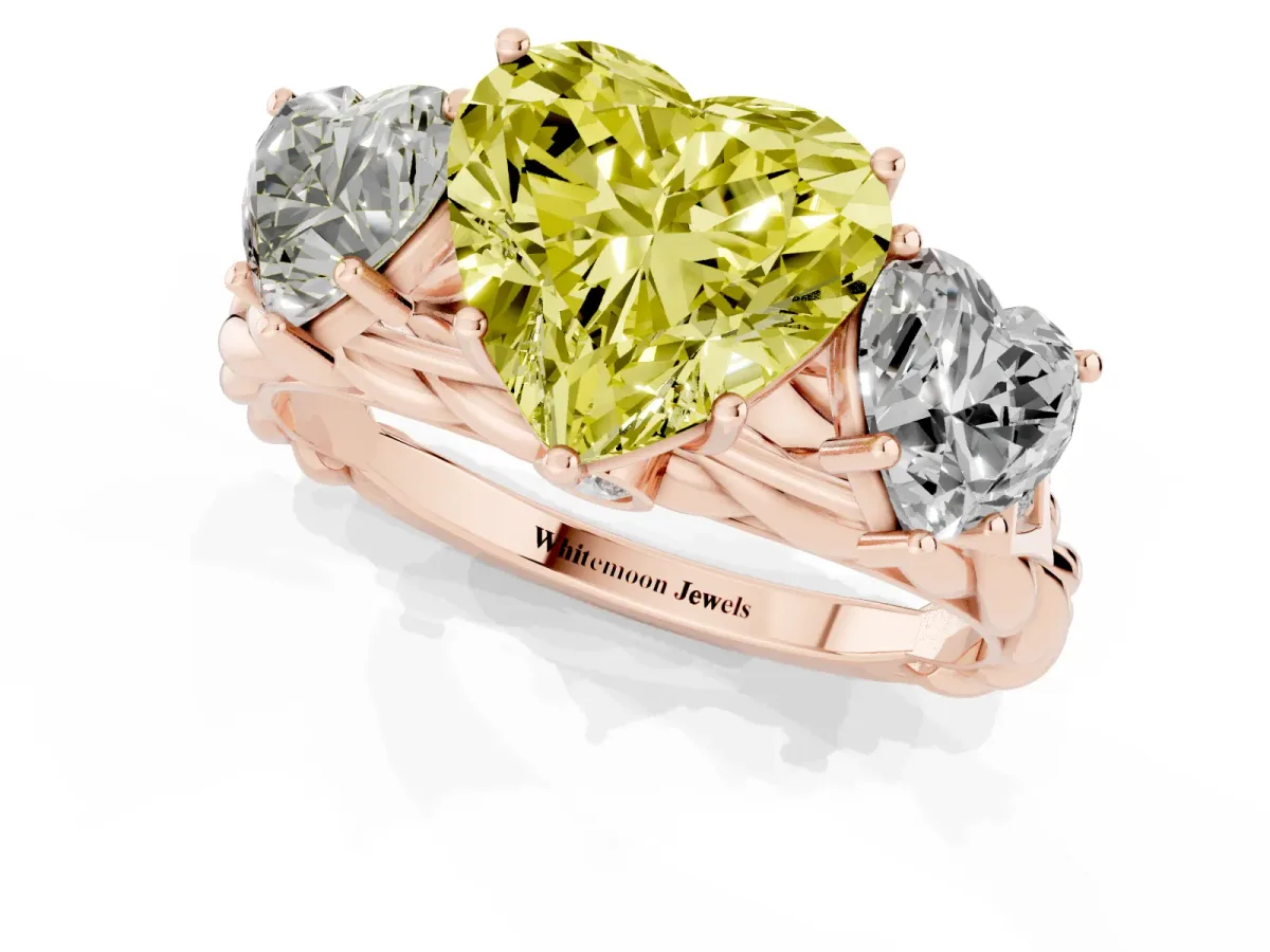 Fancy Yellow Three-Stone Heart Cut Diamond Braided Band Ring with Four-Prong Setting Rose gold