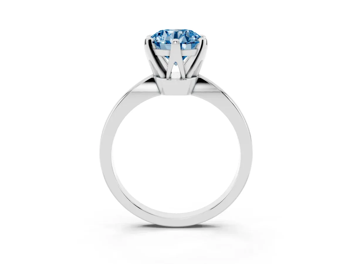 Fancy Blue Round Cut Solitaire Engagement Ring with Six-Prong Setting and Tapered Band White gold