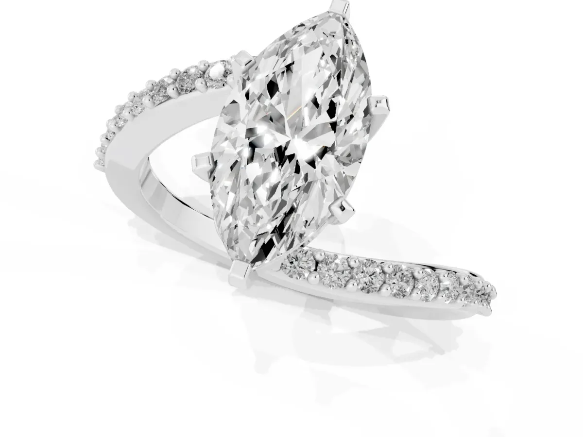 Marquise Cut Solitaire Twist Band with Pave Set Diamonds and Four-Prong Setting Platinum