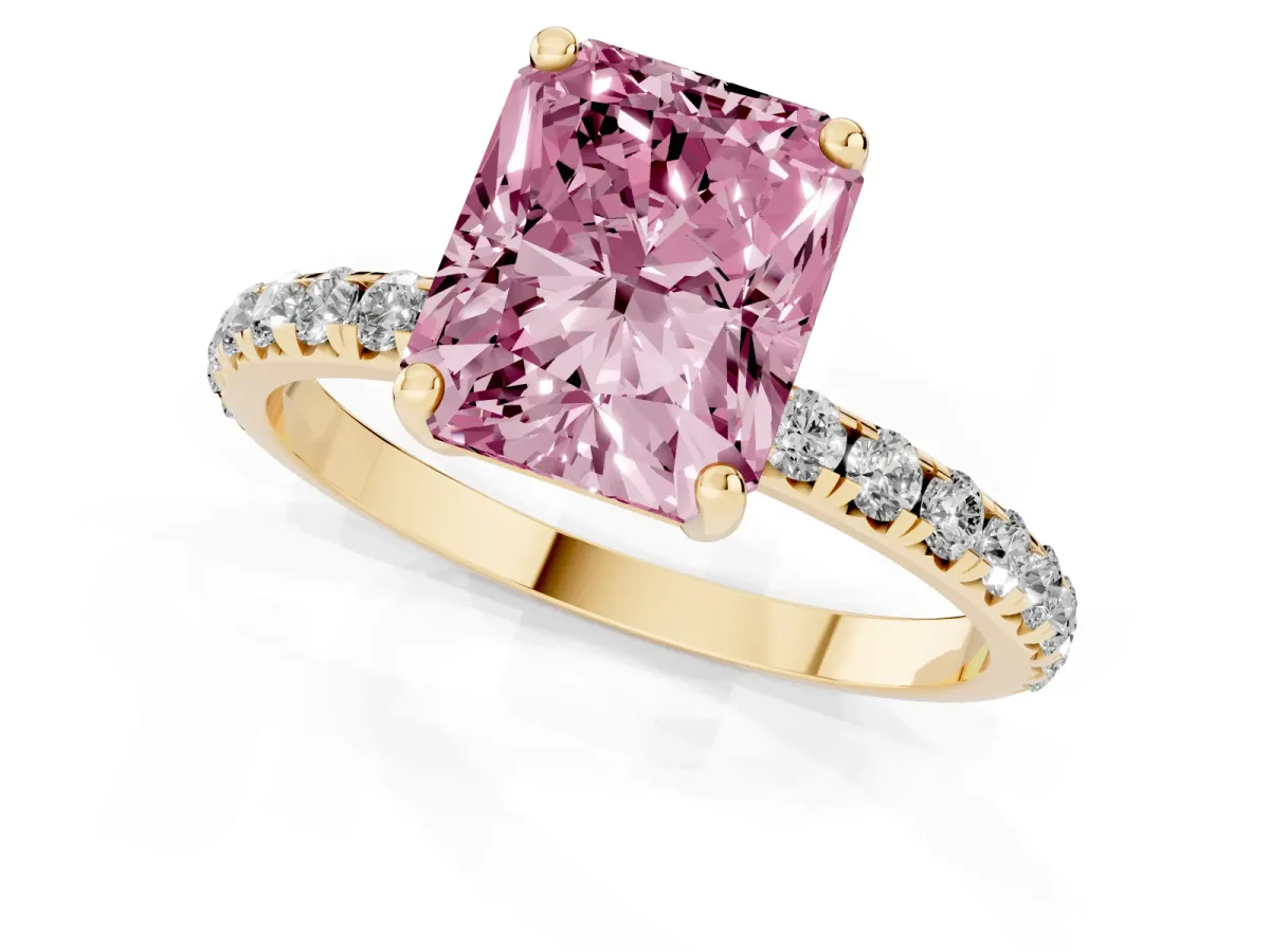 Fancy Pink Radiant Cut Cut Diamond Solitaire Ring with Micro Pave Band and Four Prong Setting Yellow gold