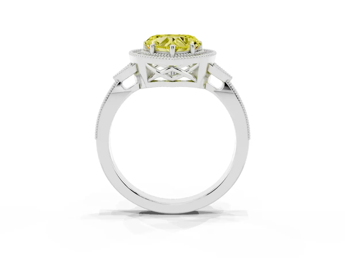 Fancy Yellow Heart Cut Halo Round Diamond Milgrain Pave Engagement Ring Platinum