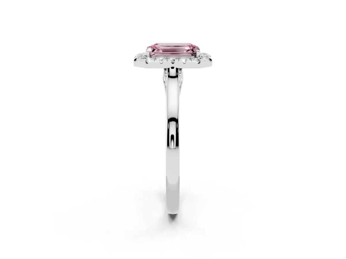 Fancy Pink Emerald Cut Halo Round Diamond Solitaire Ring with Pavé Band and Four-Prong Setting White gold