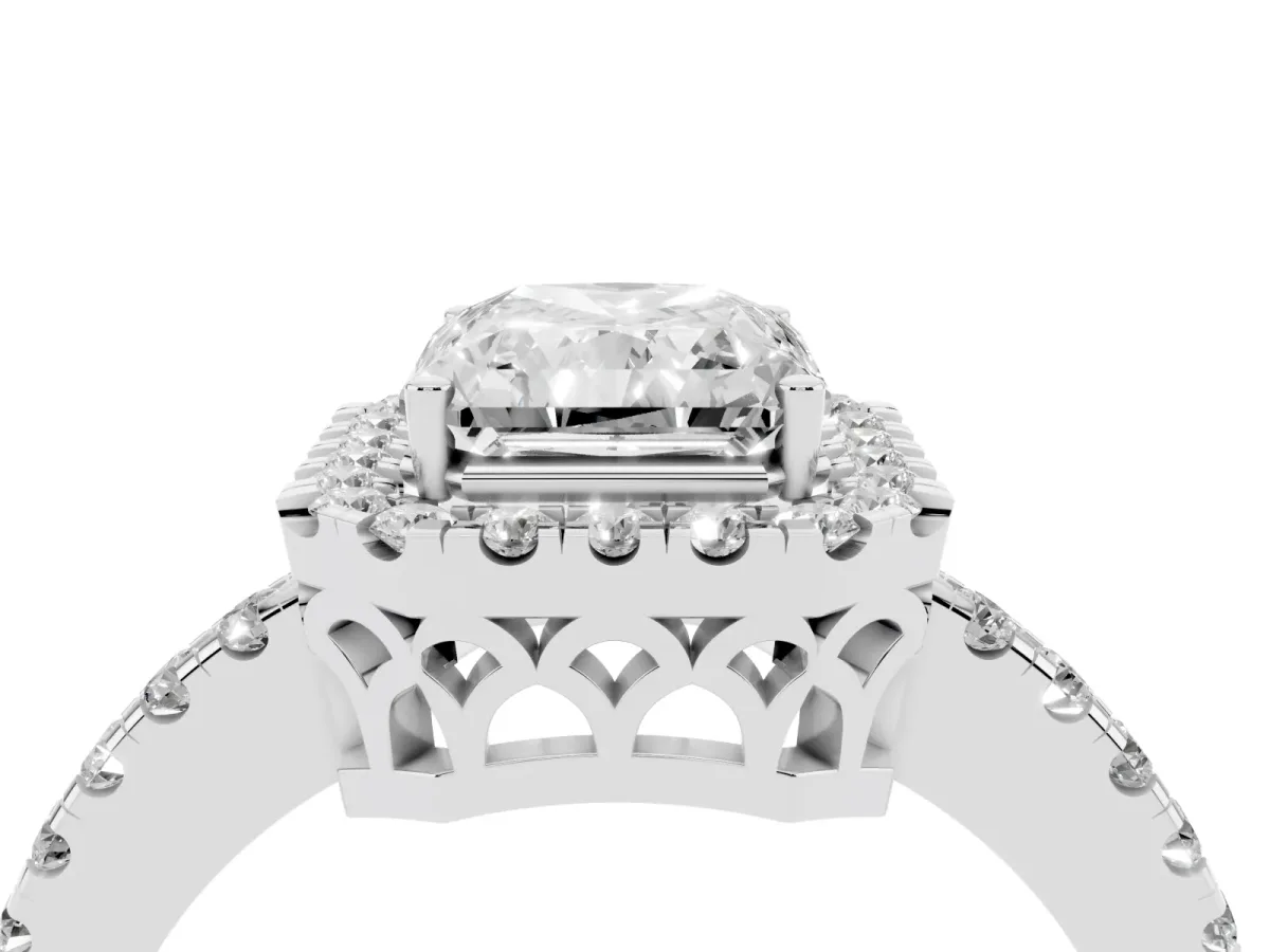 Radiant Cut Halo Diamond Engagement Ring with Pavé Band and Four-Prong Setting Silver