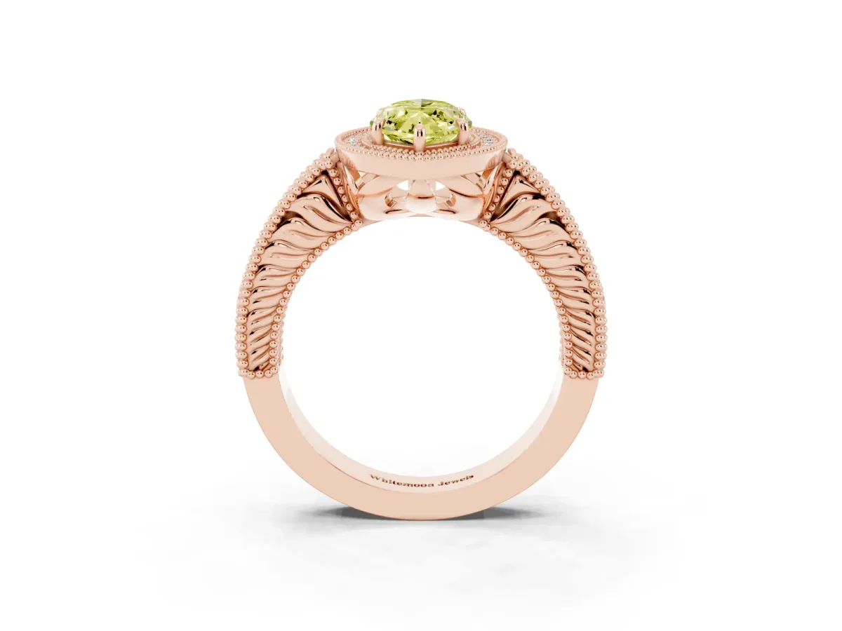 Fancy Yellow Marquise Cut Cut Halo Diamond Ring with Pavé Band and Four-Prong Setting Rose gold