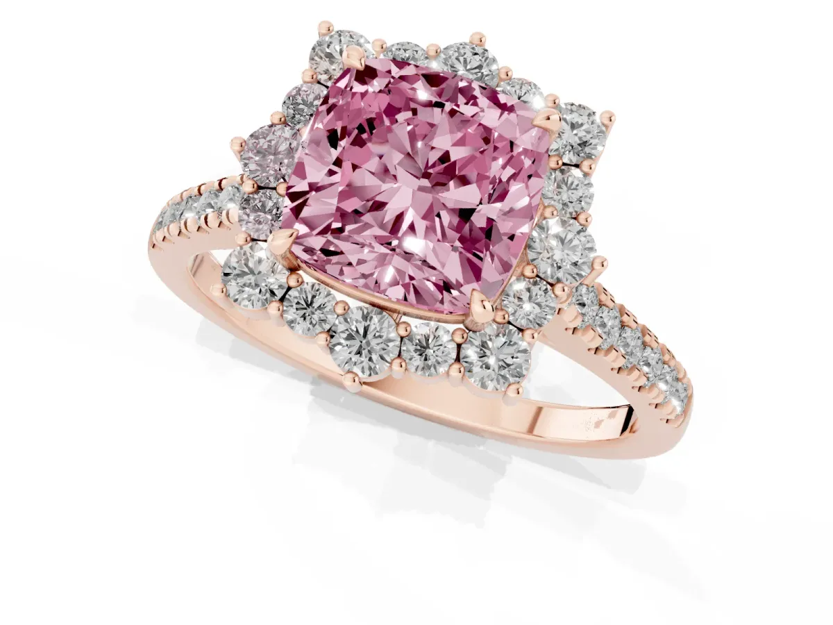 Fancy Pink Cushion Cut Halo Diamond Ring with Pavé Band and Prong Setting Rose gold