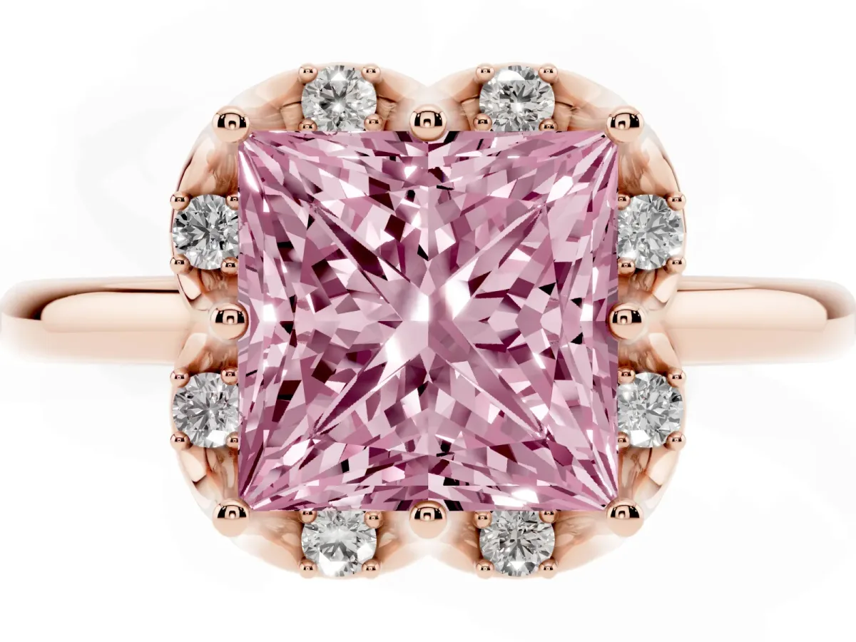 Fancy Pink Princess Cut Halo Diamond Ring with Round Cluster Setting, Solitaire Band, and Four-Prong Setting Rose gold