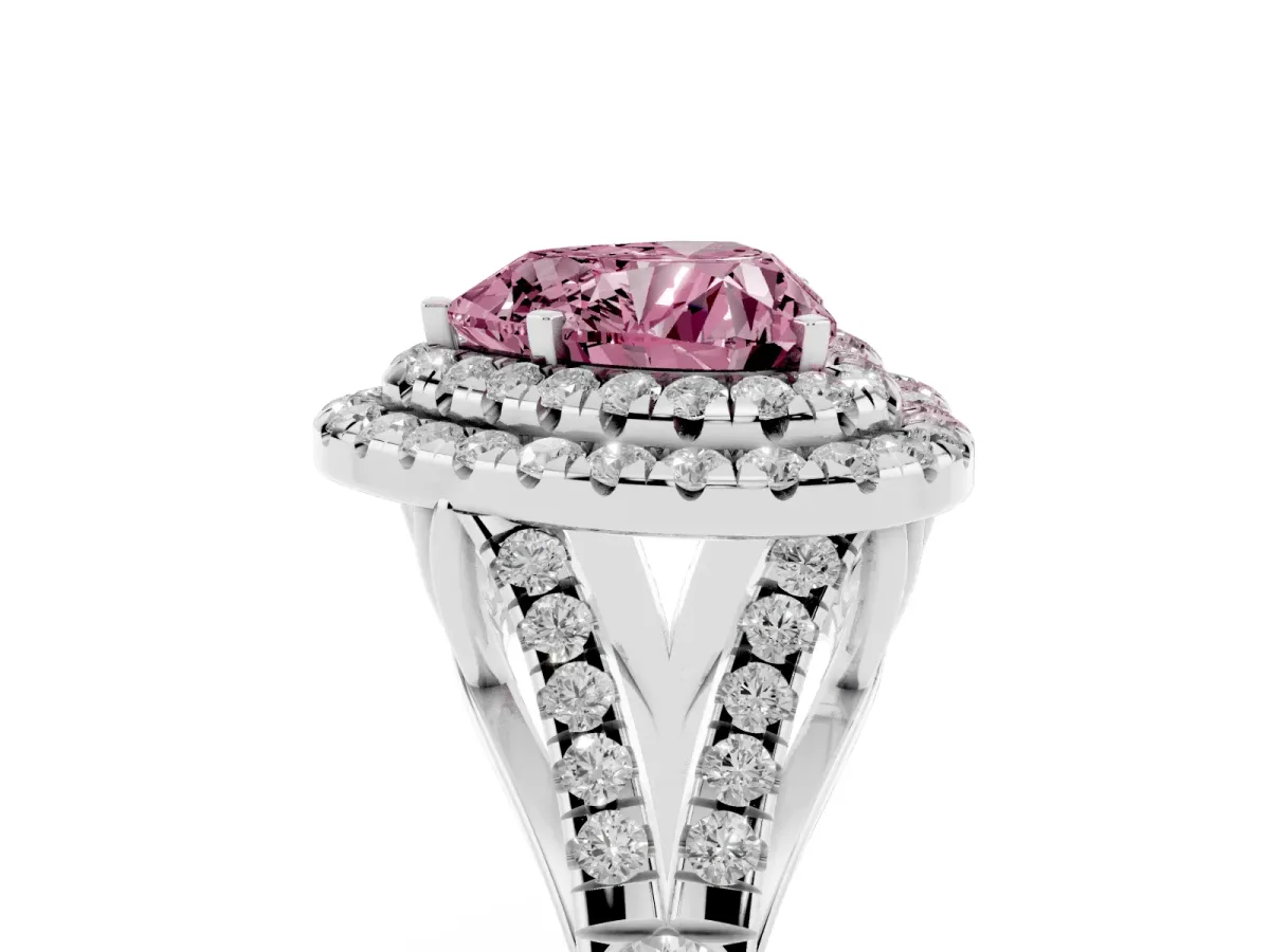 Fancy Pink Double Halo Heart Cut Diamond Split Shank Engagement Ring with Four-Prong Setting Silver