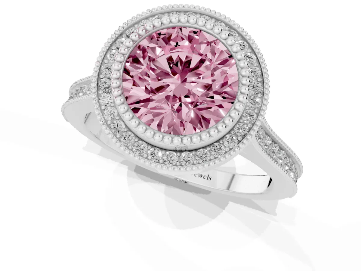 Fancy Pink Round Cut Diamond Halo Ring with Milgrain Frame and Pavé Band Silver
