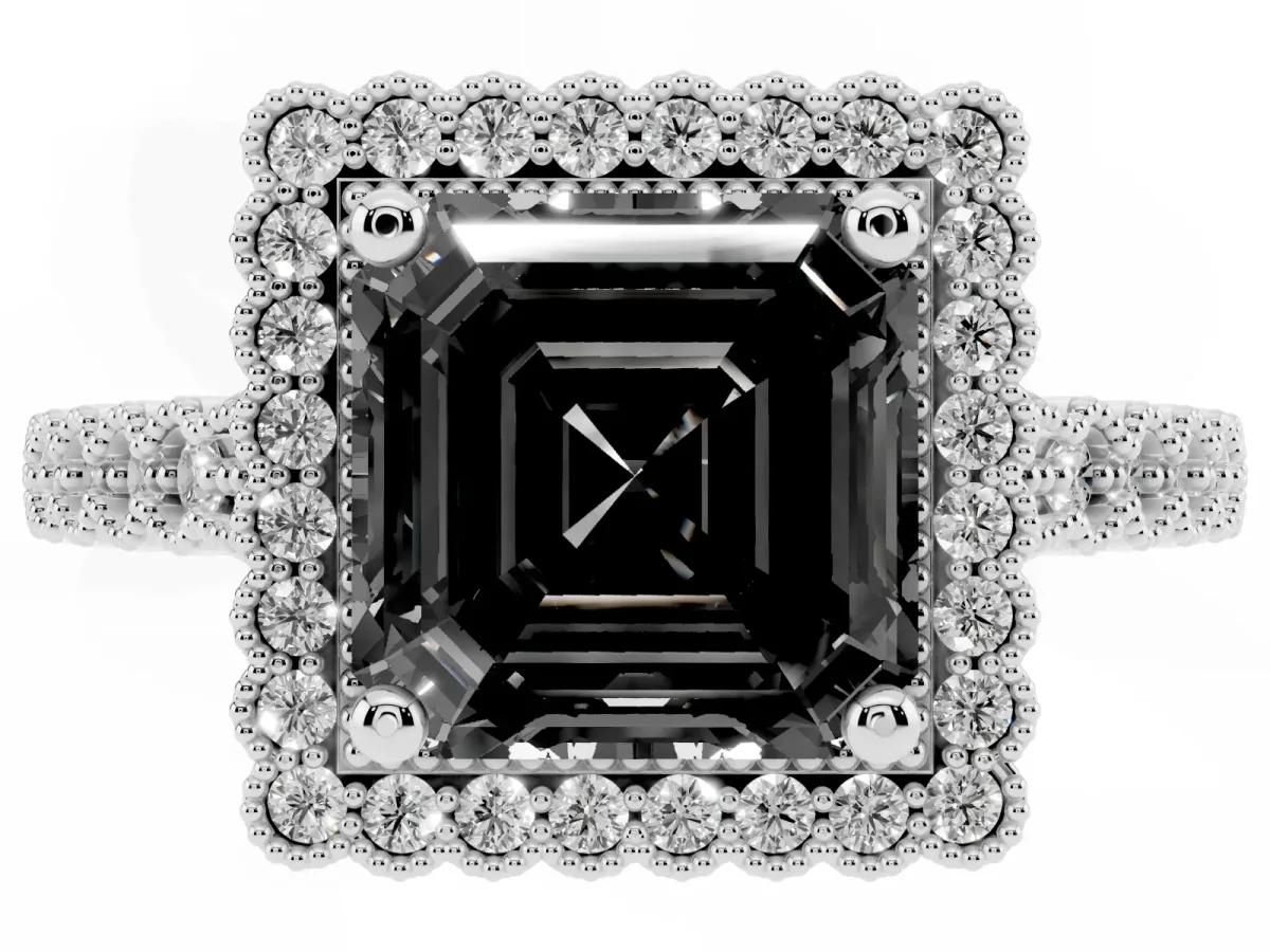 Fancy Black Asscher Cut Cut Halo Pavé Solitaire Ring with Milgrain Band Silver