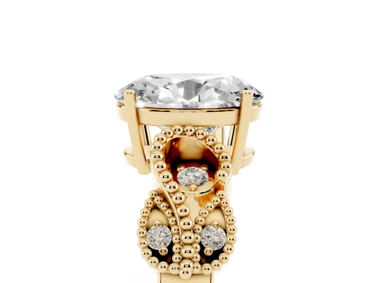 Oval Cut Solitaire Milgrain Leaf Band with Prong Setting Yellow gold