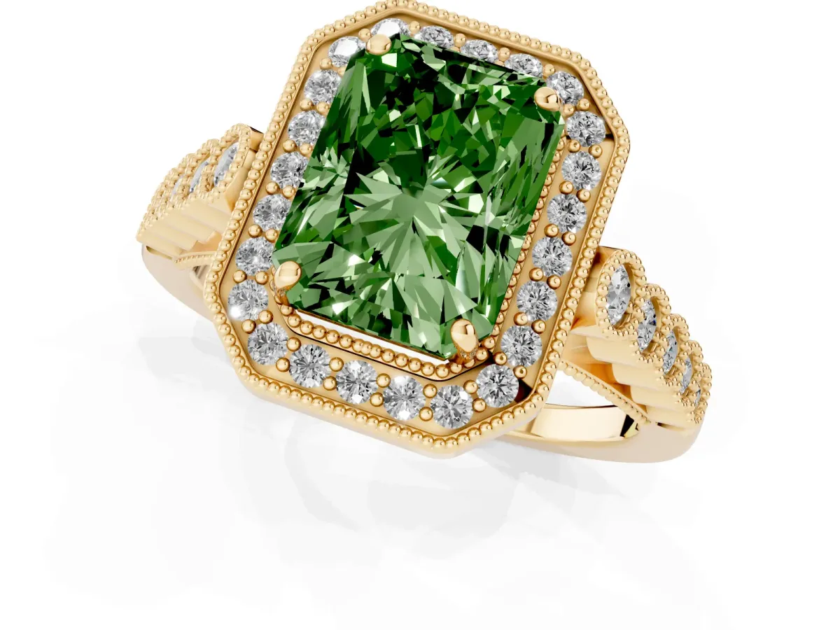 Fancy Green Radiant Cut Halo Milgrain Solitaire with Bezel Set Side Stones and Pave Band Yellow gold