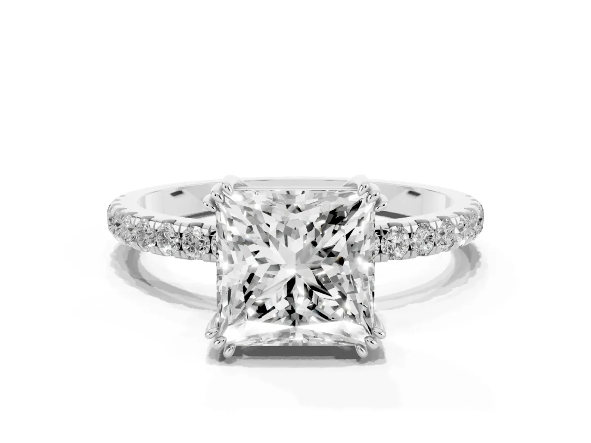 Princess Cut Brilliant Solitaire with Pavé Band and Claw Prong Setting Silver
